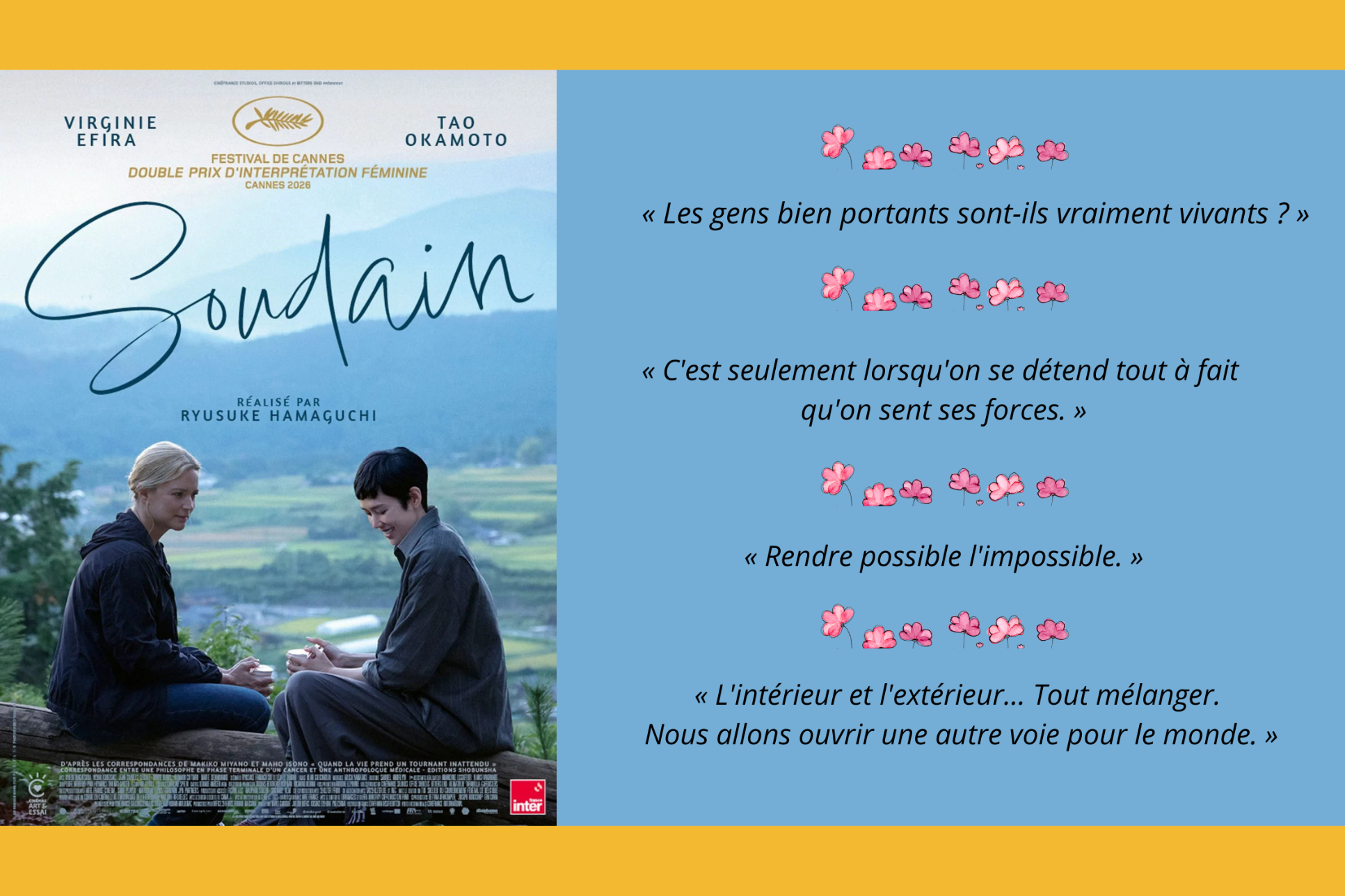 Affiche du film "Soudain" de Rysûke Hamagochi avec Virgine Efira et Tao Okamoto